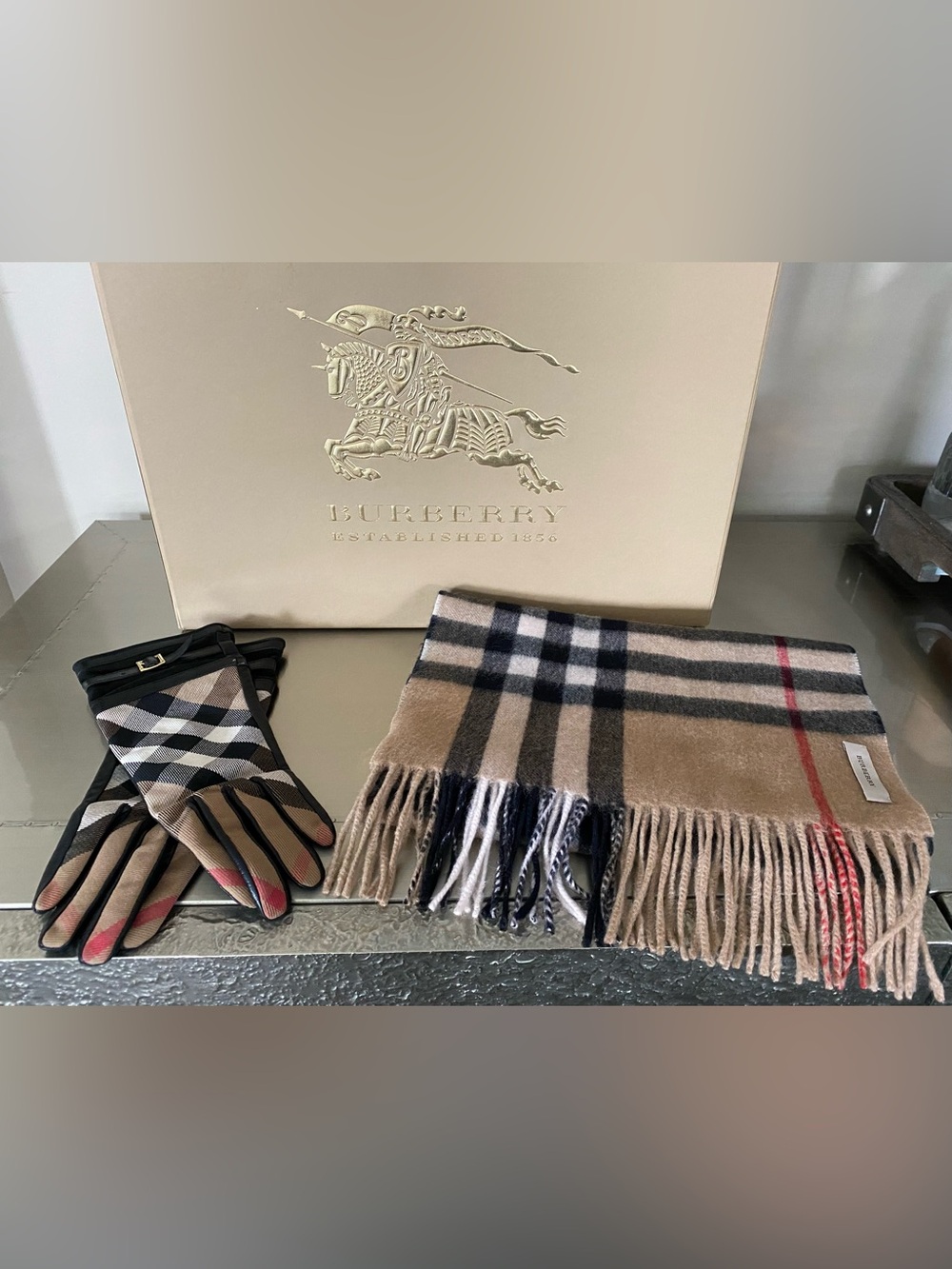 Authentic Burberry Cashmere Scarf in Camel Check with Matching Gloves